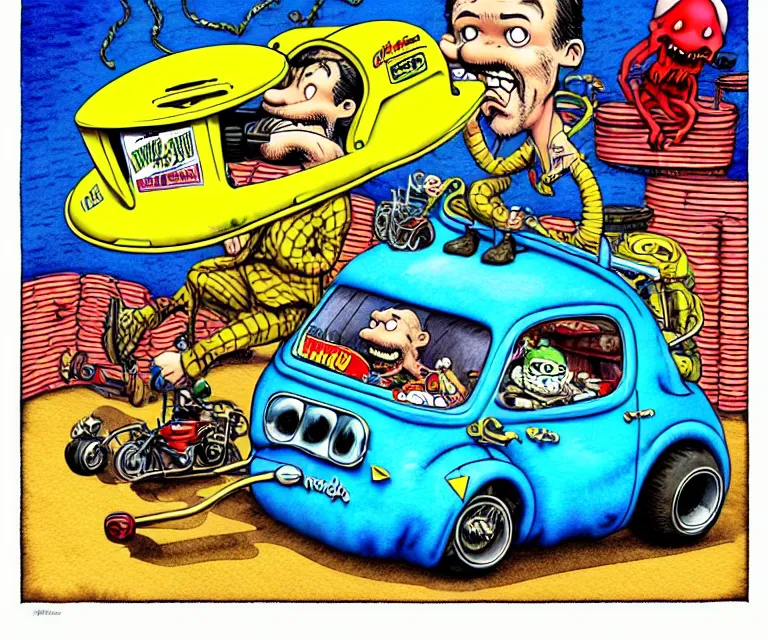 Prompt: cute and funny, dave matthews, wearing a helmet, driving a hotrod, oversized enginee, ratfink style by ed roth, centered award winning watercolor pen illustration, isometric illustration by chihiro iwasaki, the artwork of r. crumb and his cheap suit, cult - classic - comic,