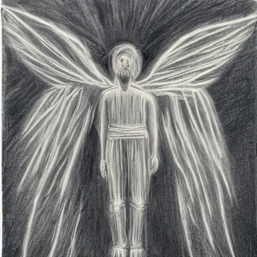 Prompt: A glowing angel in the shape of a man made of string, biblical, charcoal drawing