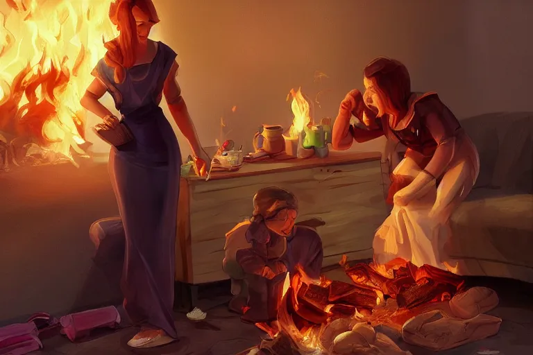 Prompt: a housewife hurries up to pack daughter's things, surrounded with fire, digital art, trending on artstation