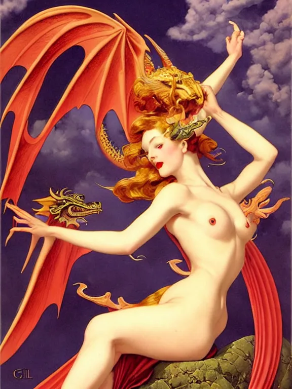 Image similar to Dragon goddess takes flight, a beautiful art nouveau portrait by Gil elvgren and Gerald brom, centered composition, defined features, golden ratio