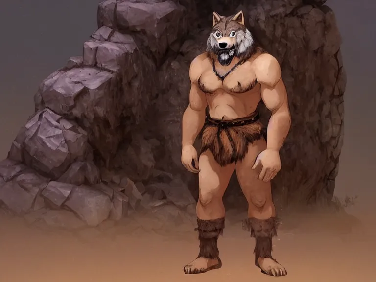 Image similar to burly tough character feature portrait of the anthro male anthropomorphic wolf fursona animal person wearing tribal primitive caveman loincloth outfit belt standing in the entrance to the cave, center framed character design stylized by charlie bowater, ross tran, artgerm, makoto shinkai, detailed, soft lighting, rendered in octane