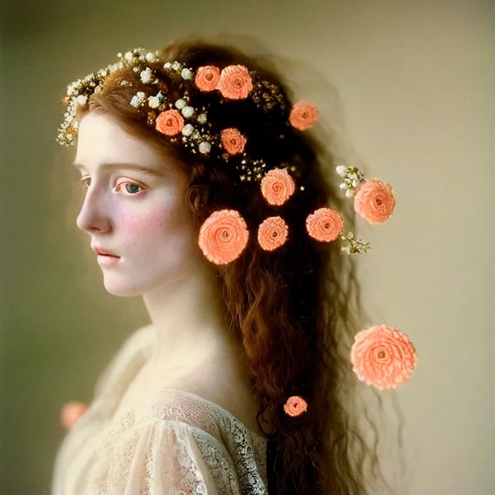 Image similar to Kodak Portra 400, 8K, soft light, volumetric lighting, highly detailed, britt marling style 3/4 ,portrait photo of a beautiful woman how pre-Raphaelites painter, a beautiful lace dress and detailed flowers adorning her hair, and ethereal coral and shells dress ,white pearls on her beautiful face, Realistic, Refined, Highly Detailed, natural outdoor soft pastel lighting colors scheme, outdoor fine art photography, Hyper realistic, photo realistic