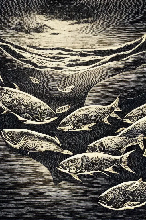 Image similar to a beautiful wood engraving on paper of a school of fish, 8 k, frostbite 3 engine, cryengine, dof, trending on artstation, digital art, crepuscular ray