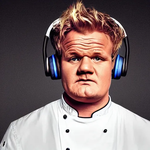 Image similar to obese Gordon Ramsey wearing a headset yelling at his monitor while playing WoW highly detailed wide angle lens 10:9 aspect ration award winning photography by David Lynch esoteric erasure head