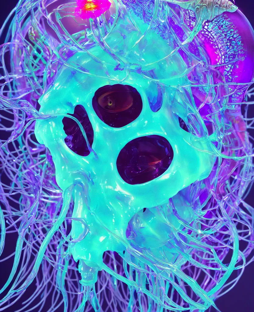 Image similar to close-up portrait of skull dichroic orchid jellyfish skull, betta fish, bioluminiscent creatures, intricate artwork by Tooth Wu and wlop and beeple. octane render, trending on artstation, greg rutkowski very coherent symmetrical artwork. cinematic, hyper realism, high detail, octane render, 8k