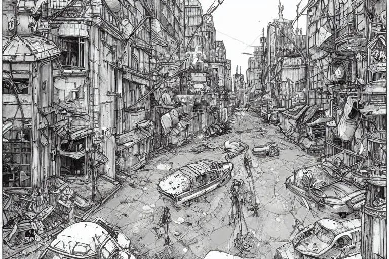 Prompt: a post apocalyptic city street by Mattias Adolfsson