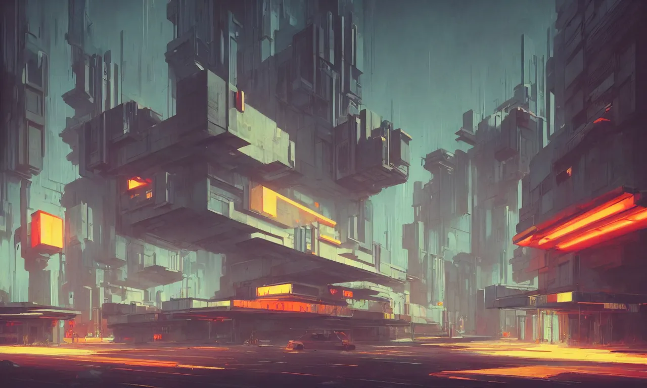 Image similar to simple brutalist architecture, colorful neon lighting, neon signs, greg rutkowski, syd mead, ralph mcquarrie, concept art, matte painting, highly detailed, rule of thirds, dynamic lighting, cinematic, detailed, denoised, centered