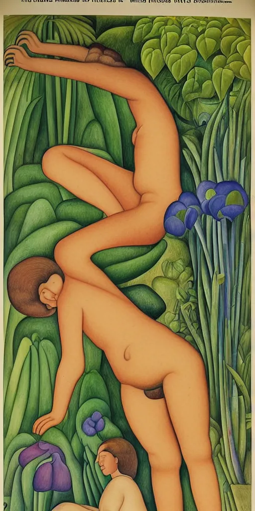 Image similar to 1980 naturist garden movie poster, drawings in part by Diego Rivera, part by Ernst Haekl, text by William S Boroughs, written by Michael Ende