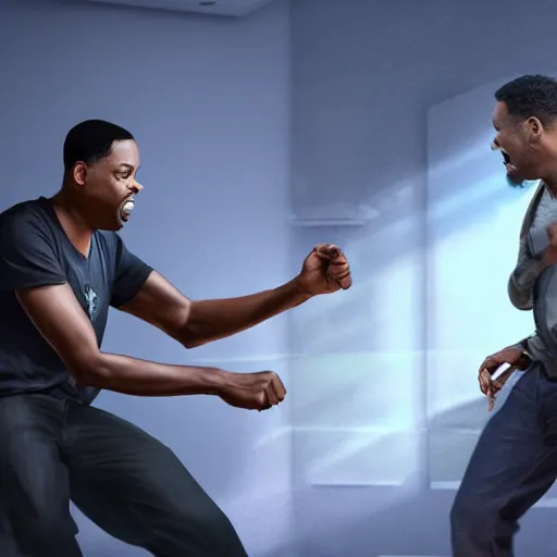 Image similar to chris rock is fighting with will smith on his face, shadow harsh lights, dramatic scene, hyper detailed, digital art, trending in artstation, cinematic lighting, studio quality, smooth render, unreal engine 5 rendered, octane rendered, ligh rim