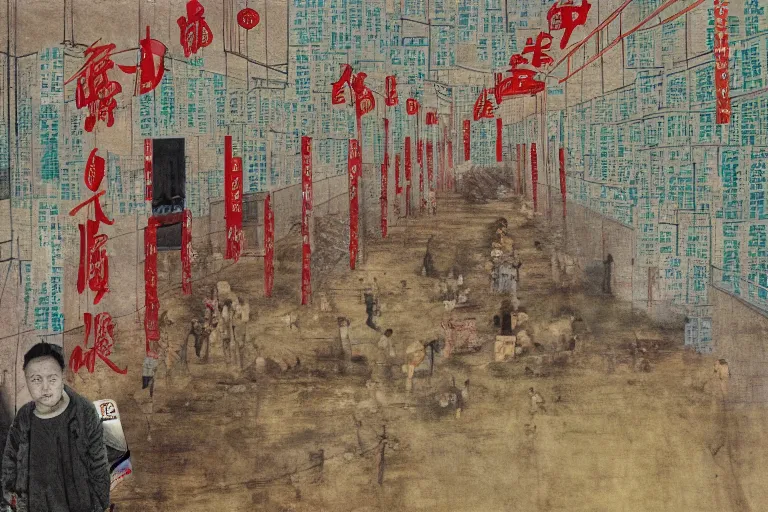 Image similar to a chinese prison near a river by peter doig, overlaid with chinese adverts