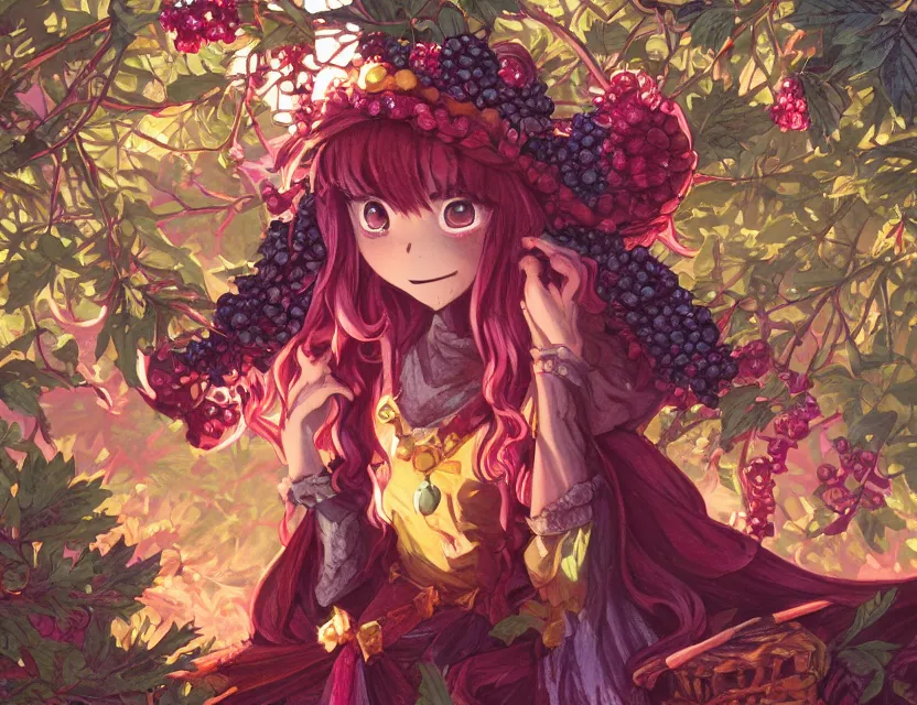 Prompt: berry priestess of the waffle mountains. gouache by award - winning mangaka, chiaroscuro, intricate details, bokeh, backlighting, field of depth, safe for work