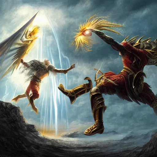 Prompt: The Son of the Sun God fighting the Son of the Thunder God, epic fantasy art, detailed