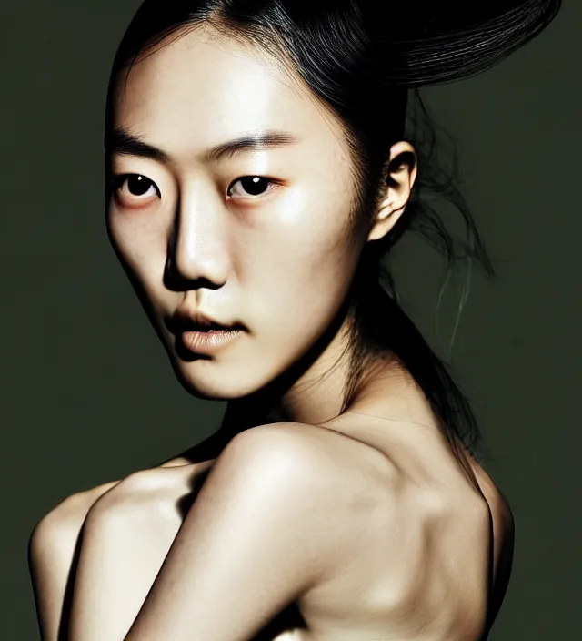 Image similar to photography facial portrait of liu wen, natural background, natural pose, wearing stunning cape by iris van herpen, with a colorfull makeup. highly detailed, skin grain detail, photography by paolo roversi, nick knight, helmut newton, avedon, araki