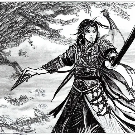 Prompt: a handsome golden Vagabond magic swordsman glides through a beautiful battlefield magic the gathering dramatic esoteric pen and ink illustrated in high detail by Hiroya Oku and Tatsuki Fujimoto