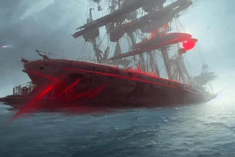 Prompt: a red laser from deck of an old warship with sails, unreal engine, octane render, style of midjourney, highly detailed, elegant, digital illustration, detailed, intricate, sharp focus, digital painting, deep focus, artstation, art by artgerm and greg rutkowski