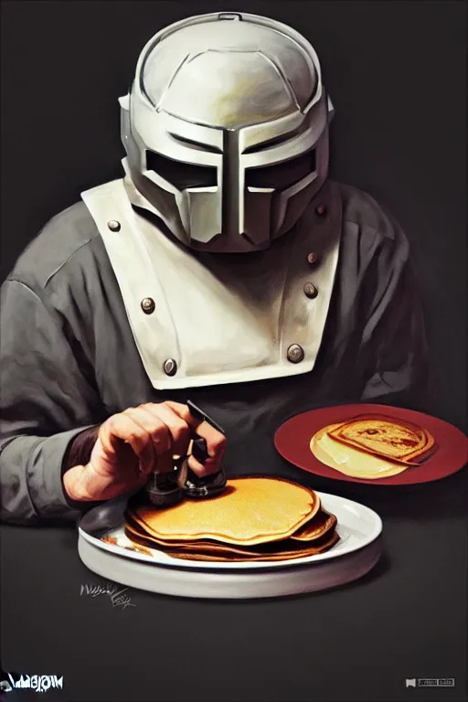 Image similar to mf doom as cooking pancakes animation pixar style, shaded lighting poster by magali villeneuve, album cover, artgerm, jeremy lipkin and michael garmash, rob rey and kentaro miura style, trending on art station