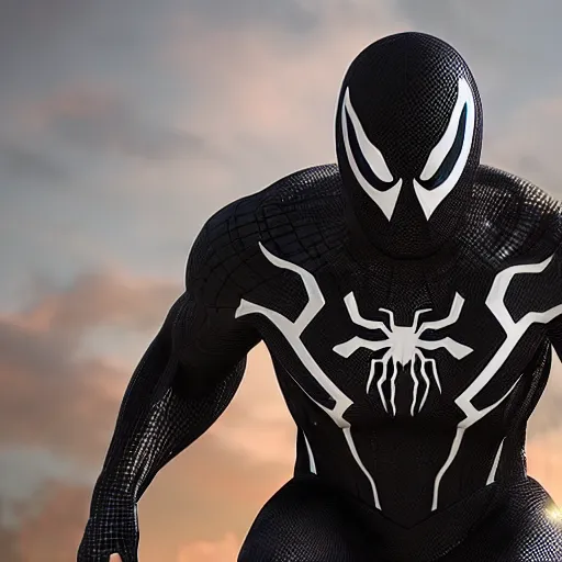 Image similar to a single venom and spider - man hybrid, dslr, cinematic, volumetric lighting, 8 k resolution, photorealistic