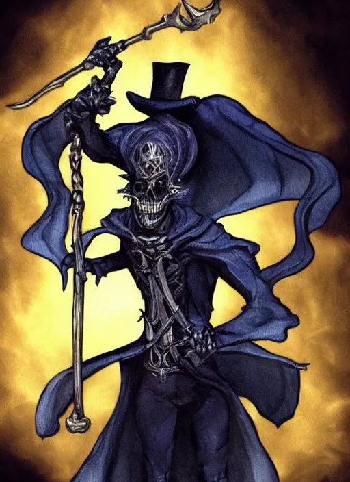 Image similar to DND character art, skeletal male figure, wearing a deep black suit!!! and tie and top hat, holding a gold! cane!, blue flames in background, blue flames