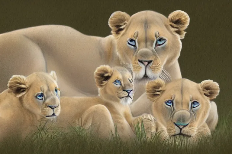 Prompt: beautiful aesthetic digital illustration of a pastel blue winged lioness with a litter of pastel cubs