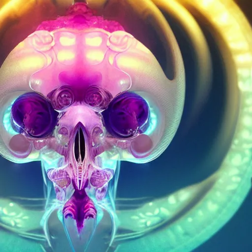 Image similar to goddess princess face close-up portrait ram skull abstract 3d composition. jellyfish phoenix head, nautilus, orchid, skull, betta fish, bioluminiscent creatures, intricate artwork by Tooth Wu and wlop and beeple. octane render, trending on artstation, greg rutkowski very coherent symmetrical artwork. cinematic, hyper realism, high detail, octane render,