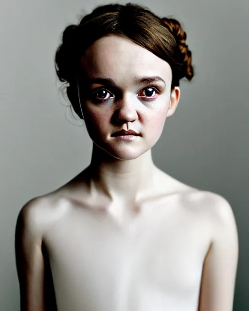 Prompt: symmetrical olivia cooke portrait cream white background, soft diffused light, bjork aesthetic, translucent, by rineke dijkstra, intricate details, highly detailed, masterpiece,