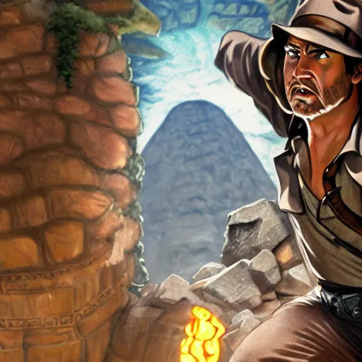 Image similar to Indiana Jones being chased by a boulder trap underground, boulder chase, inside ancient stone temple background, Indiana Jones running away from big round stone, raiders of the lost ark, detailed background, anime key visual