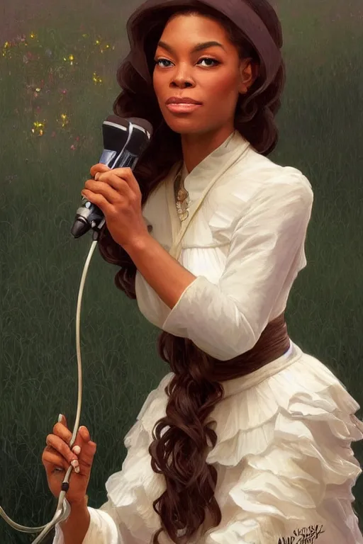 Image similar to beautiful cottagecore audreh winfrey holding a microphone. intricate, elegant. highly detailed, digital painting, artstation, concept art, smooth, sharp, focus, illustration. . art by artgerm and greg rutkowski and alphonse mucha