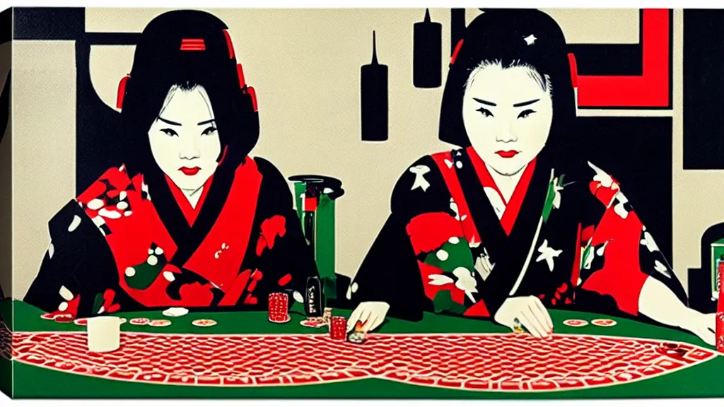 Image similar to woman in a black japanese kimono, sitting at an extremely detailed poker table with the boba fett, sake on the table, fireworks and stars on the background, by andy warhol, by roy liechtestein, canvas, acrylic paint, ivory palette, 4 k, ultra - hd