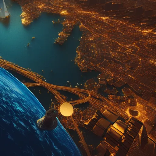 Prompt: a view from space of a golden fantasy sci fi luxurious city with cerulean oceansides, scandinavian / norse influenced, cinematic, ray traced, octane render, cinematic lighting, ultrarealistic, featured on artstation, 8 k uhd artwork