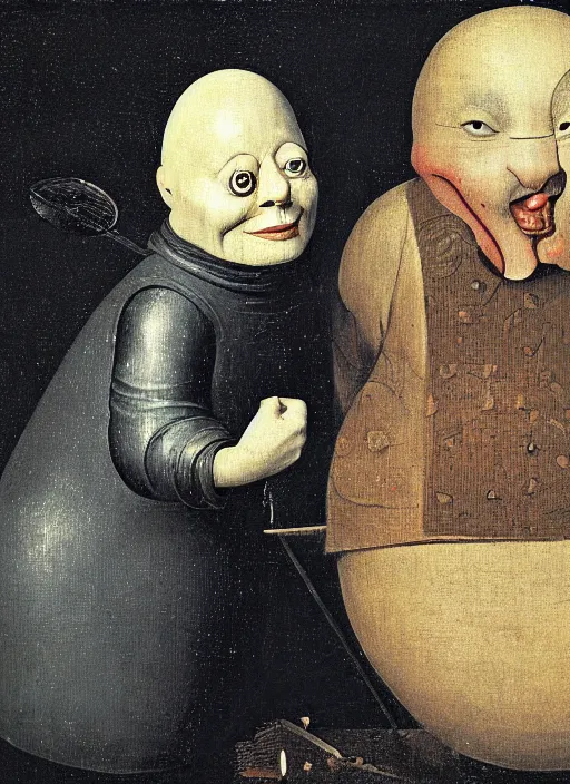 Image similar to full body detailed painting of silly round humpty dumpty with jack black facial expression, realistic, hieronymus bosch