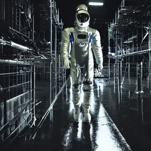 Prompt: mysterious man in silver space suit, walking on a small industrial catwalk, floating in the darkness of space, with a black background, photograph, wide angle, long shot