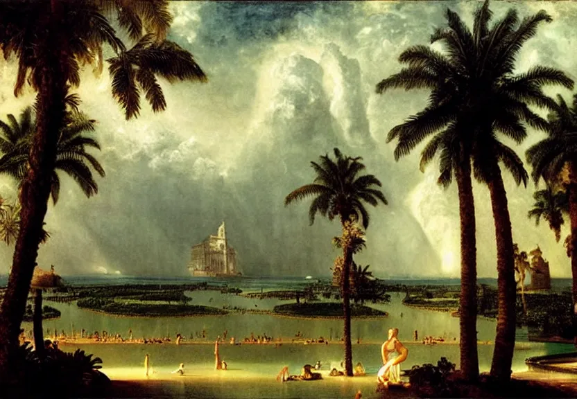 Image similar to Palace floating in heaven, 1km tall, thunderstorm, greek pool, beach and palm trees on the background major arcana sky, by paul delaroche, hyperrealistic 4k uhd, award-winning very detailed, heaven paradise