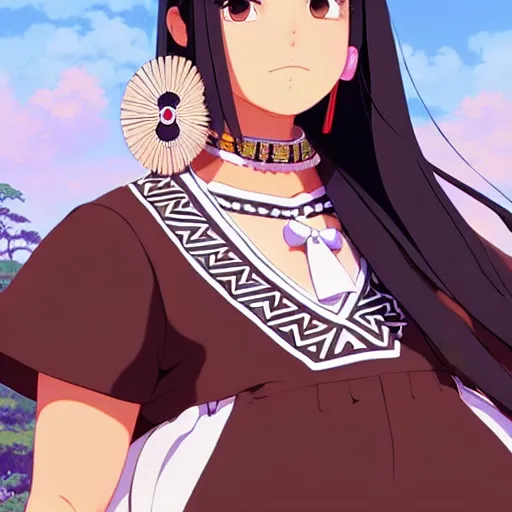 Image similar to a beautiful! plus sized native women instagram model, brown skin, wearing elegant catholic school girl designer fashion with mayan pattern and native style, aztec street fashion, gapmoe yandere grimdark, trending on pixiv fanbox, painted by greg rutkowski makoto shinkai takashi takeuchi studio ghibli, akihiko yoshida