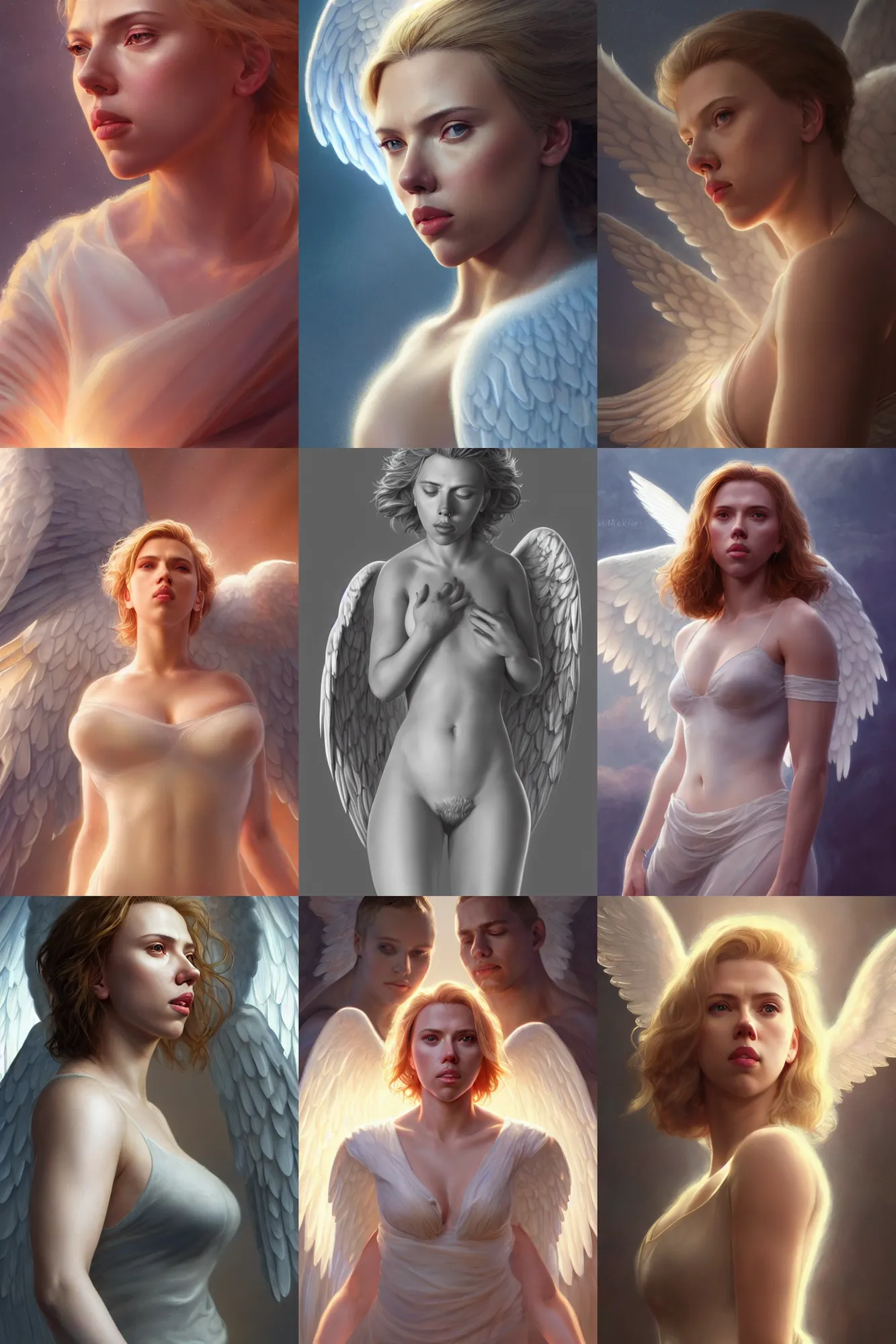 Image similar to scarlett johansson as a heavenly angel, anatomy, bathed in light, highly detailed, photorealistic, artstation, smooth, sharp focus, illustration, unreal engine 5, 8 k, art by artgerm and greg rutkowski and edgar maxence