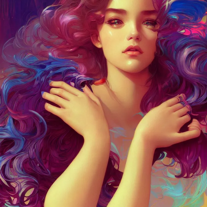 Image similar to young woman, gorgeous face, vaporwave aesthetic, synthwave, colorful, psychedelic, broken beaten, sadness, crying, inner strength, holding onto, artstation, concept art, smooth, extremely sharp detail, finely tuned detail, 8 k, ultra sharp focus, illustration, art by artgerm and greg rutkowski and alphonse mucha