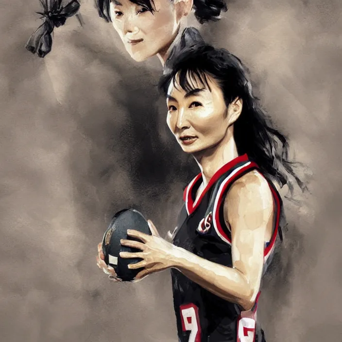 Prompt: maggie cheung as a football player, by wlop