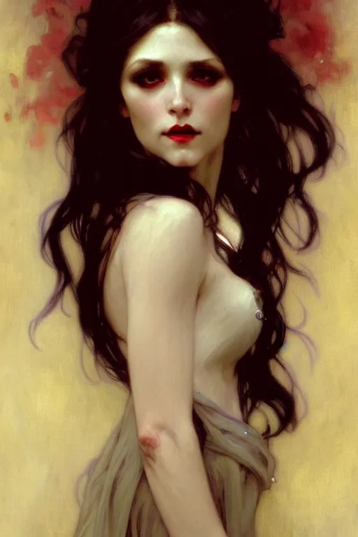 Image similar to vampire lady with long white hair, painting by daniel gerhartz, alphonse mucha, bouguereau, detailed art, artstation