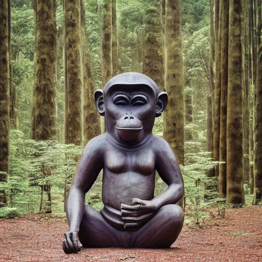 Prompt: Award winning photograph of a massive ancient bronze statue of a monkey in japan in a forest. Large format film photograph