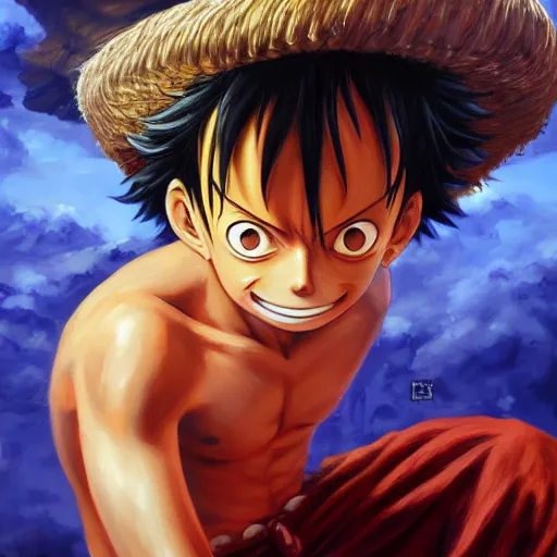 Image similar to an oil painting of a luffy, by artgerm, hd, hdr, ue 5, ue 6, unreal engine 5, cinematic 4 k wallpaper, 8 k, ultra detailed, high resolution, artstation, award winning