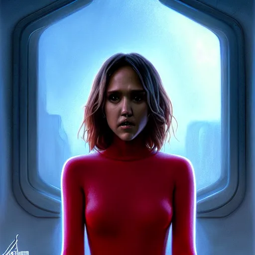 Image similar to beautiful digital painting jessica alba / movie the thing 1 9 8 2 / john carpenter with high detail, transformation, 8 k, stunning detail, photo by artgerm, greg rutkowski and alphonse mucha, unreal engine 5, 4 k uhd