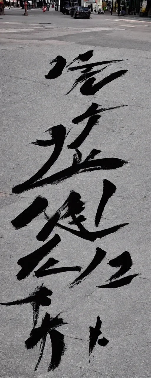 Prompt: a beautiful calligraphic kanji painted on the street, akira style, hyper realistic, natural light