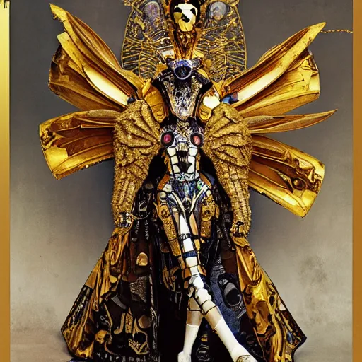 Prompt: wh 4 0 k haute couture scale armour paladin editorial by klimt, biomechanical hornet with metal couture wings by malczewski, ornate wh 4 0 k chaos lord in gold, bismuth and obsidian by giger, on cosmic background by alphonse mucha