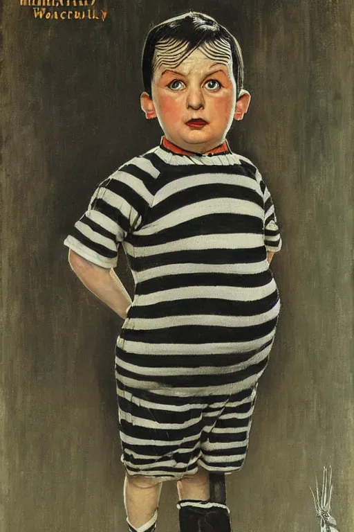 Image similar to pugsley addams from the addams family painted by norman rockwell