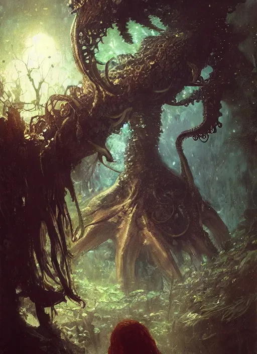 Image similar to my bed is a forest with a giant cthulhu eyes in the dark by gaston bussiere, anna nikonova aka newmilky, greg rutkowski, yoji shinkawa, yoshitaka amano, moebius, donato giancola, geoffroy thoorens, trending on artstation, featured on pixiv, cinematic composition