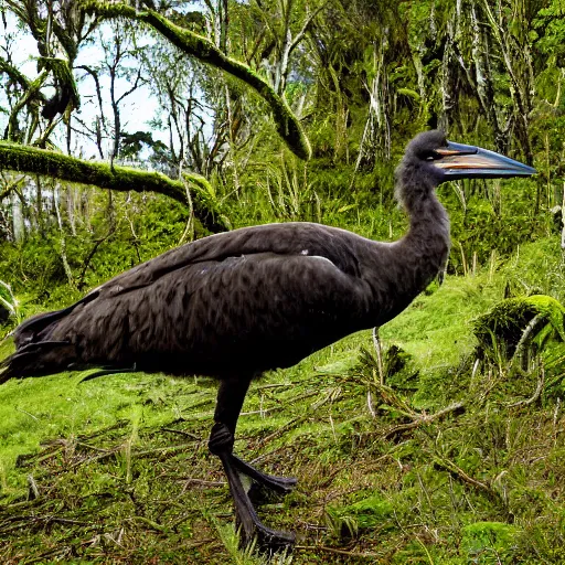 Prompt: a photograph of a moa grazing in a new zealand forest clearing.