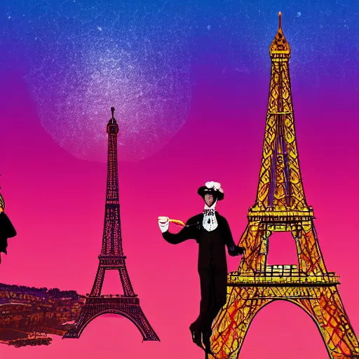 Prompt: synthwave version of 1 9 th century paris, eiffel tower on the background, people wearing glowing victorian clothes