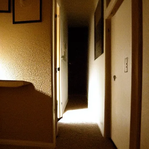 Image similar to view from the bed looking towards the hallway door at night with a shadow person standing at the door, photography