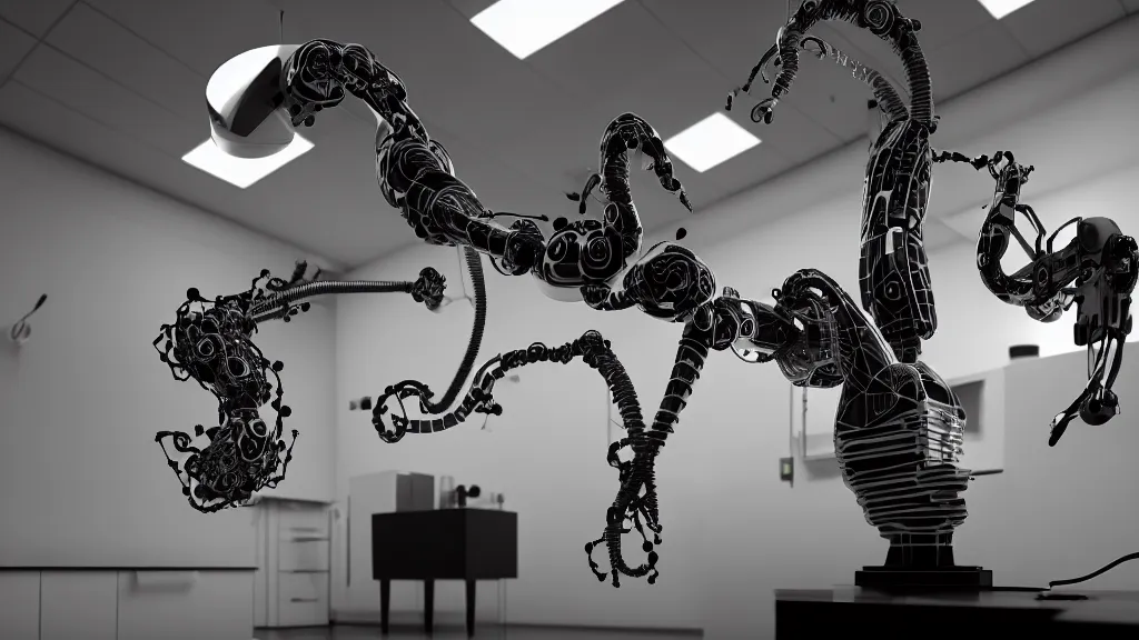 Image similar to a complex bifurcated robotic cnc surgical arm hybrid mri 3 d printer machine making swirling black and white ceramic mandlebulb mutant forms in the laboratory inspection room, film still from the movie directed by denis villeneuve with art direction by salvador dali, wide lens, f 3 2, cinematic lighting, studio quality, smooth render, unreal engine 5 rendered, octane rendered