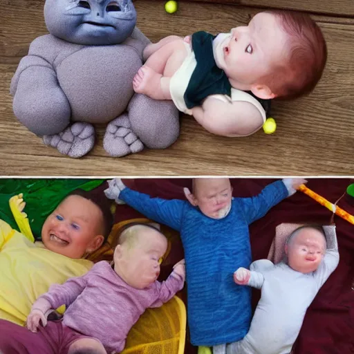 Prompt: playground nap - time with baby voldemort and baby harry potter and baby yoda and baby groot and baby mando and baby gummi bear, block party.