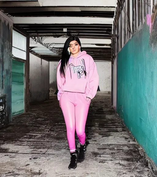 Prompt: kylie jenner doing graffiti in a derelict garage, dust mist, rural, rear shot, tight leggings with a pink hoody, mold, greenery